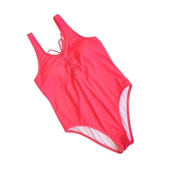 Neon Pink One Piece Swimsuit Cheeky VS Size Large Low Back Lattice Detail Barbie - Picture 1 of 9